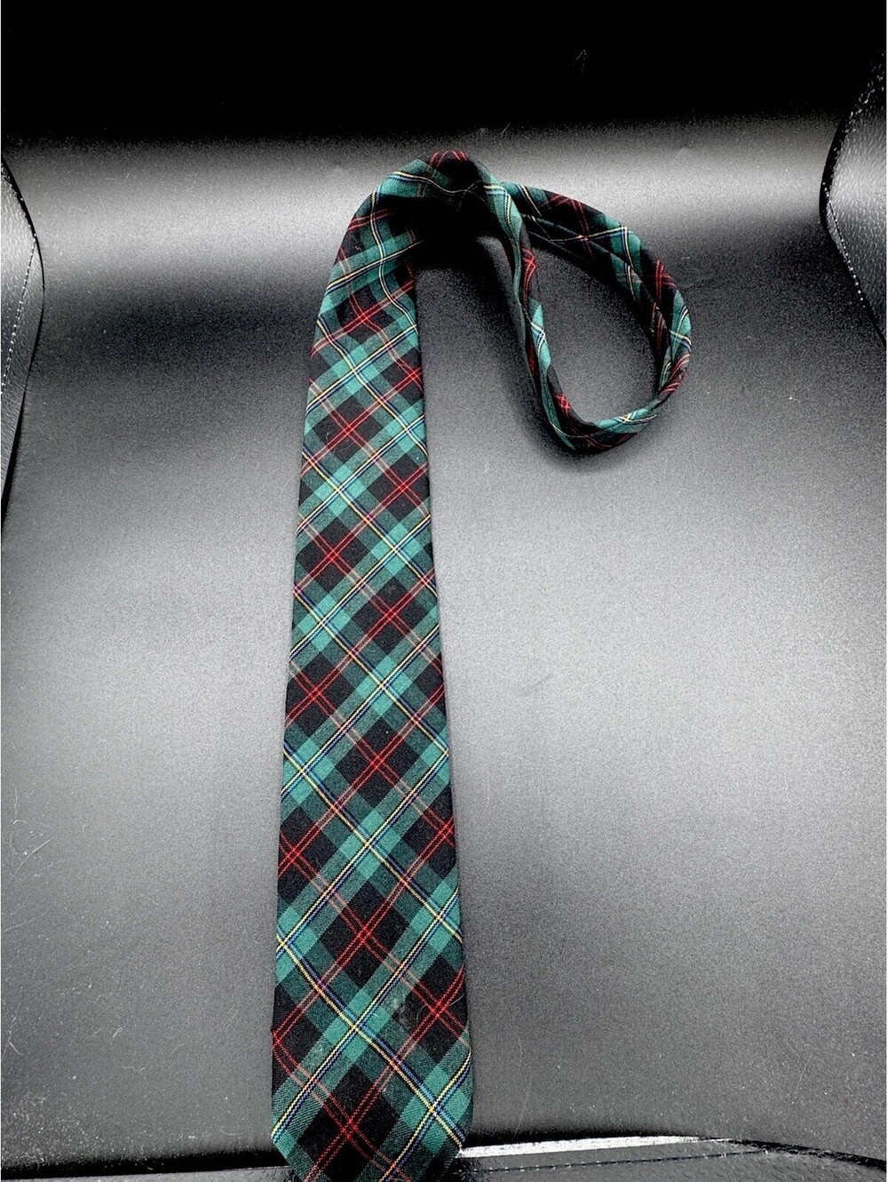 Vintage Pendleton 100% Virgin Wool Tie Green Black Tartan Plaid Necktie